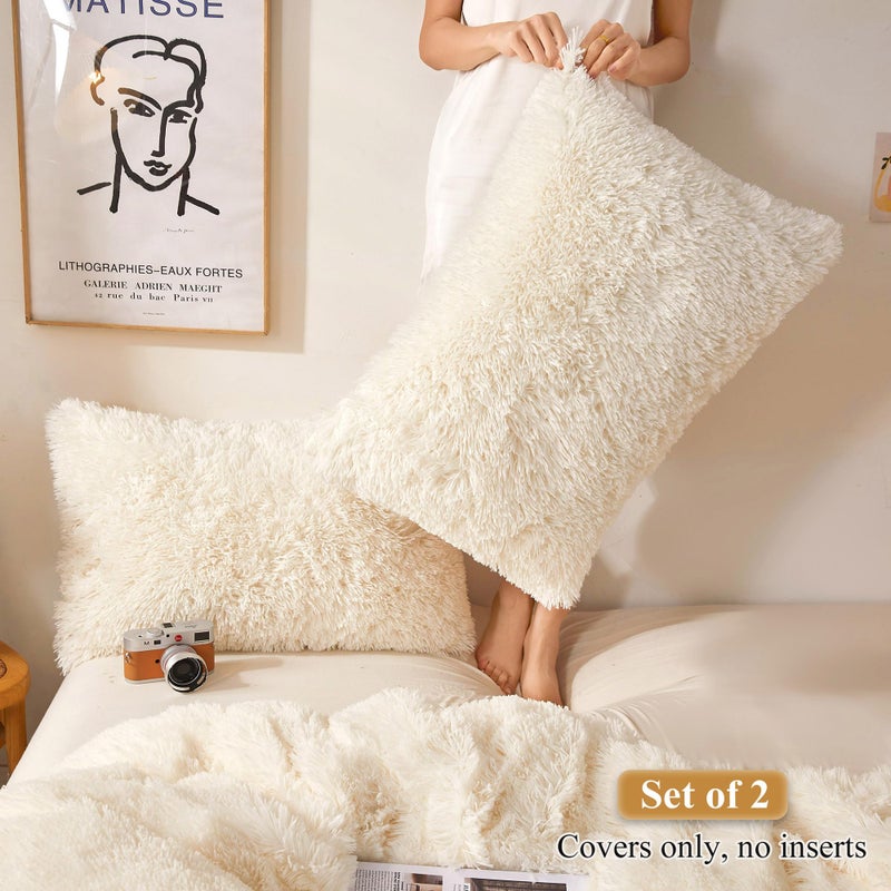 XeGe Faux Fur Throw Pillow Cases, Plush Shaggy Ultra Soft Pillow Covers, Fluffy Crystal Velvet Decorative Pillowcases, Furry Fuzzy Pillow Shams Zipper Closure, Set of 2 (King, Light Beige) - Image 2